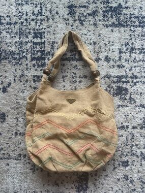 Roxy Tan Canvas Shoulder Bag with Multicolor Chevron Stitching